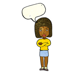 cartoon woman with crossed arms with speech bubble