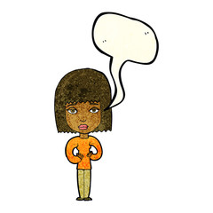 cartoon woman indicating self with speech bubble