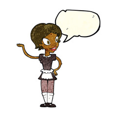 cartoon woman in maid costume with speech bubble