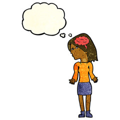 cartoon clever woman shrugging shoulders with speech bubble