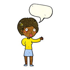 cartoon waving woman with speech bubble