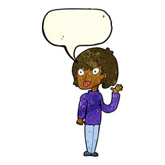 cartoon waving woman with speech bubble