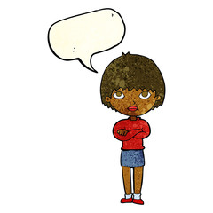 cartoon woman with crossed arms with speech bubble