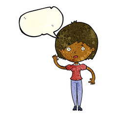 cartoon waving woman with speech bubble