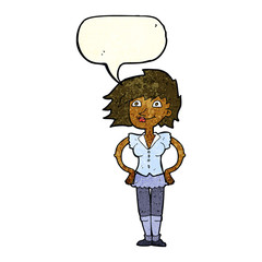 cartoon woman with hands on hips with speech bubble