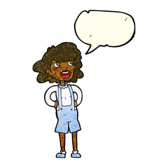 cartoon woman in dungarees with speech bubble