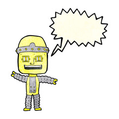 cartoon waving robot with speech bubble