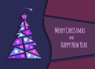 Merry Christmas and Happy New Year greeting card. Vector modern christmas tree background with space for text. Abstract illustration.