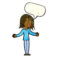 cartoon woman shrugging shoulders with speech bubble