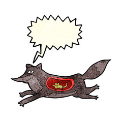 cartoon wolf with mouse in belly with speech bubble