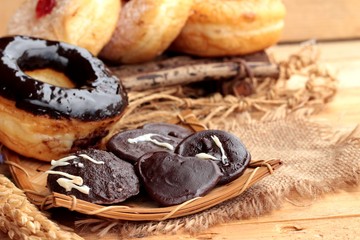 Chocolate donut and strawberry jam donut of delicious