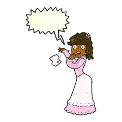 cartoon victorian woman dropping handkerchief with speech bubble
