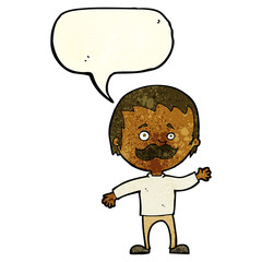 cartoon man with mustache waving with speech bubble