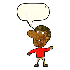 cartoon waving man with speech bubble
