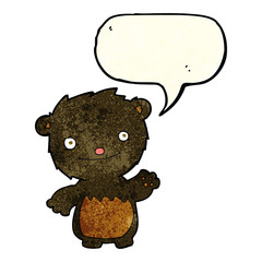 cartoon waving black bear cub with speech bubble