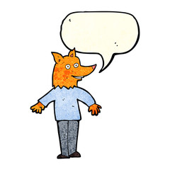 cartoon happy fox man with speech bubble