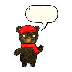 cartoon waving black bear with speech bubble