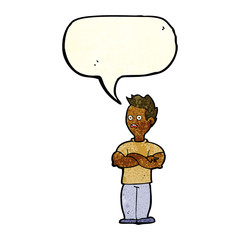 cartoon man with crossed arms with speech bubble