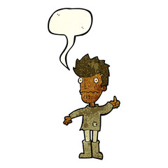 cartoon worried man giving thumbs up symbol with speech bubble