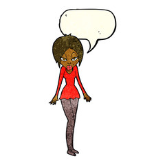 cartoon woman in short dress with speech bubble