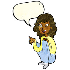 cartoon happy woman sitting and pointing with speech bubble