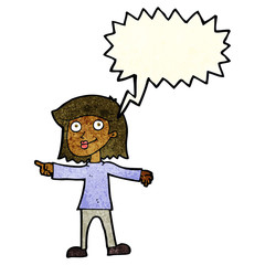 cartoon happy woman pointing with speech bubble