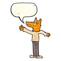 cartoon waving fox with speech bubble