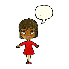 cartoon girl in dress with speech bubble