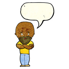 cartoon shocked bald man with beard with speech bubble