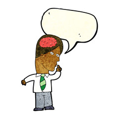 cartoon businessman with huge brain with speech bubble