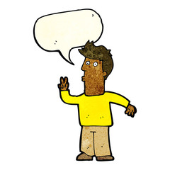 cartoon man giving peace sign with speech bubble