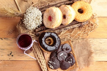 Chocolate donut and strawberry jam donut of delicious
