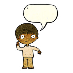 cartoon boy giving peace sign with speech bubble