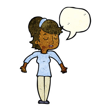 recommend clip art: cartoon friendly woman shrugging shoulders with speech bubble