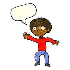 cartoon boy waving warning with speech bubble