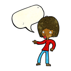 cartoon woman pointing with speech bubble