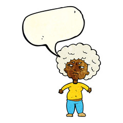 cartoon annoyed old woman with speech bubble