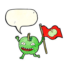 cartoon apple with flag with speech bubble