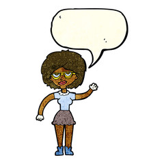 cartoon waving woman wearing spectacles with speech bubble
