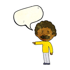 cartoon man with mustache pointing with speech bubble