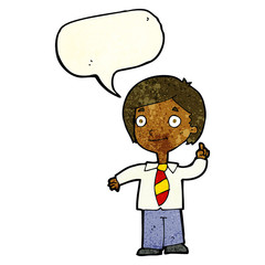 cartoon school boy answering question with speech bubble