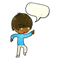 cartoon worried boy pointing with speech bubble