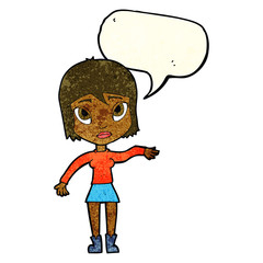 cartoon woman waving hand with speech bubble