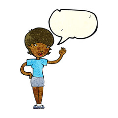 cartoon woman waving with speech bubble