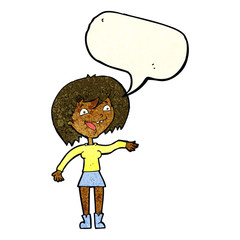 cartoon waving woman with speech bubble