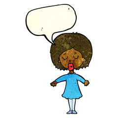 cartoon woman in dress with speech bubble