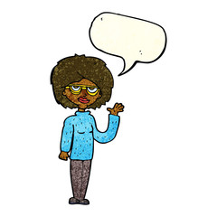 cartoon woman waving with speech bubble