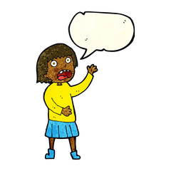 cartoon stressed out woman with speech bubble