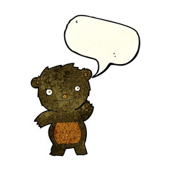 cartoon waving black bear cub with speech bubble