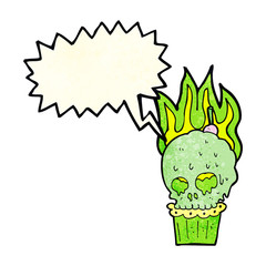 Fototapeta premium cartoon spooky skull cupcake with speech bubble